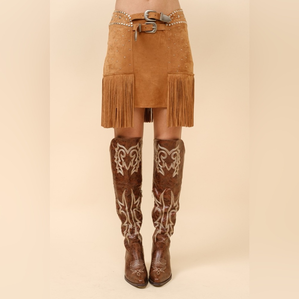 Double Belted Star Studded Suede Fringe Mini Skirt